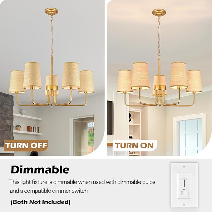 28" Gold Boho Rattan Chandelier for Living Room 5-Light Coastal Farmhouse Chandeliers for Dining Room Adjustable Rustic Boho Pendant Light Fixture Bedroom Kitchen Island Entryway Foyer
