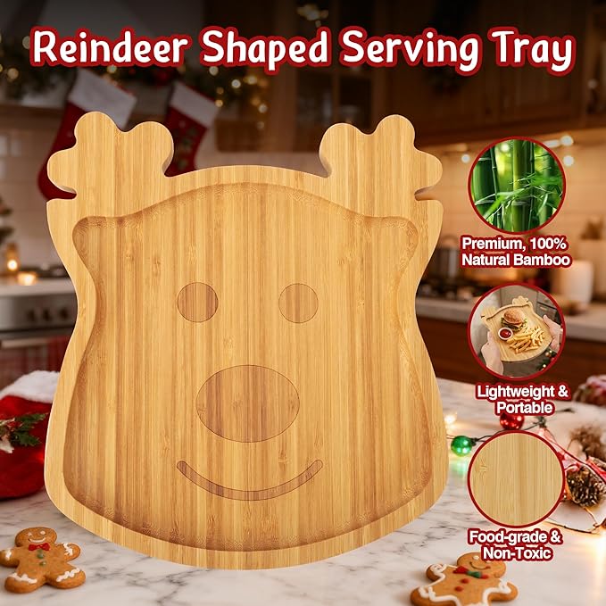 WILLKOMMEN Christmas Serving Tray, Bamboo Reindeer Shaped Serving Platter, Charcuterie Board Serving Dishes 10" x 9" for Party Cookie Fruit Tray Cheese Board Plate