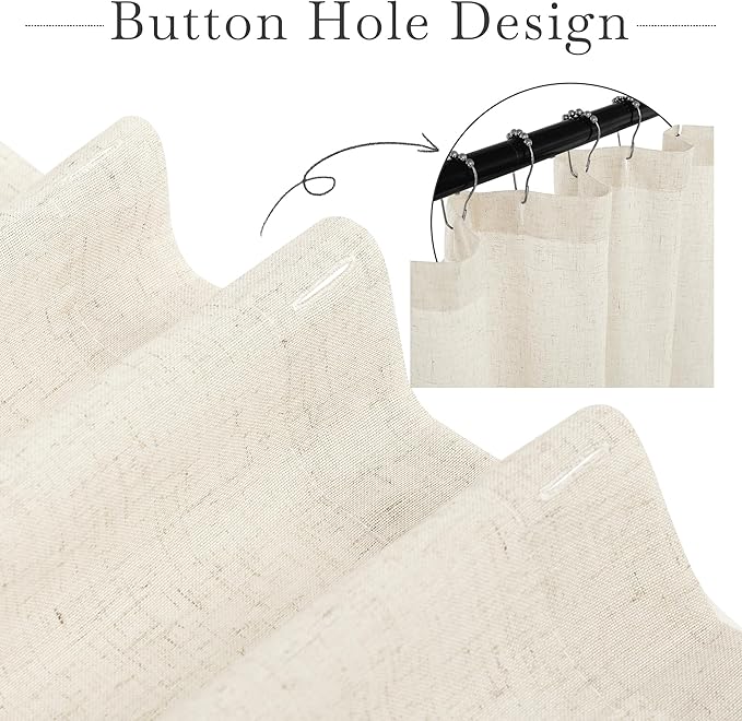 KGORGE Natural Linen Shower Curtain for Bathroom - Linen Blend Button Hole Semi Sheer Lightweight Waterproof Shower Curtains for Bathtub, 54 x 78 inches Long, Hooks Included