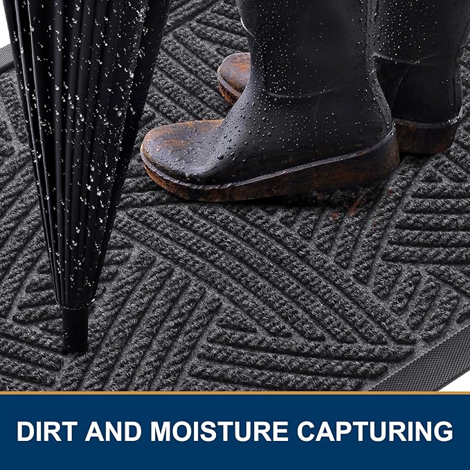 Smiry Front Door Mat Indoor Outdoor Entrance, Heavy Duty Natural Rubber, Sturdy Trap Dirt, Moisture Doormat and Easy Clean Low Profile Patio Porch Entryway Mat, 29.5x17 Inch, Grey/Geometric