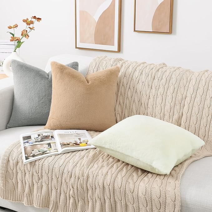 Pallene Faux Fur Plush Throw Pillow Covers 22x22 Set of 2, Soft Fluffy Couch Pillow Covers for Living Room, Khaki