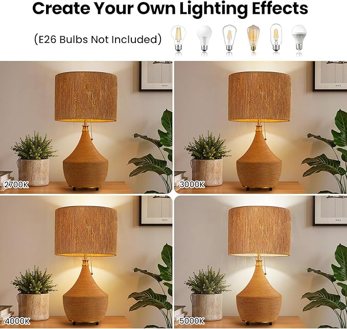 Rattan Lamp Boho Table Lamp - 23.62" Bedside Table Lamps for Bedroom Rustic Handmade Woven Lamp Nightstand Lamps with Pull Chain for End Table, Living Room, Farmhouse - E26 Socket (Tan-1PC)