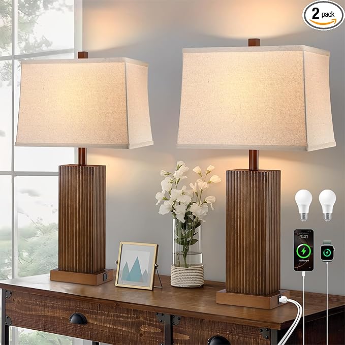 27.5" Wood Table Lamps Set of 2, Modern Farmhouse Bedroom Lamp for Nightstand with USB Charging Port, Natural Wooden Base Table Lamp for Living Room Bedroom, Bulbs Included (Walnut Wood)