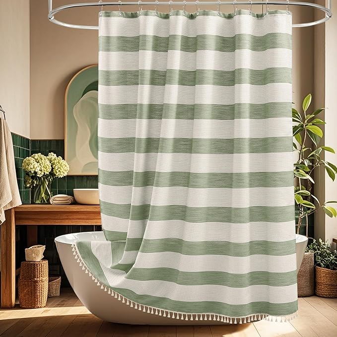 Boho Farmhouse Heavyweight Shower Curtain with Tassels, 350GSM Cotton Linen Woven Fabric Shower Curtain Striped, Sage Green Natural Country Bathroom Curtain Water Repellent