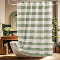 Boho Farmhouse Heavyweight Shower Curtain with Tassels, 350GSM Cotton Linen Woven Fabric Shower Curtain Striped, Sage Green Natural Country Bathroom Curtain Water Repellent