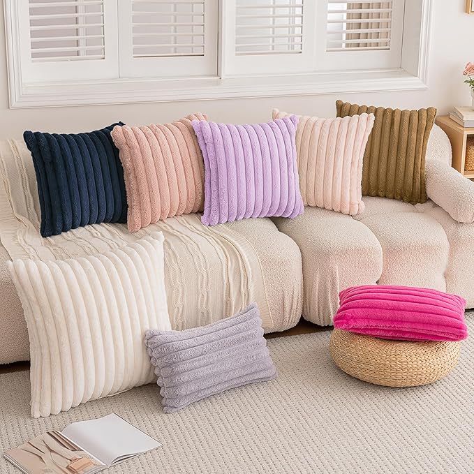 Double-Sided Faux Fur Plush Throw Pillow Covers 22x22 Set of 2 Fuzzy Striped Soft Cozy Pillowcase Luxury Decorative Pillows Square Fluffy Cushion Cover for Couch Bed Living Room,Camel