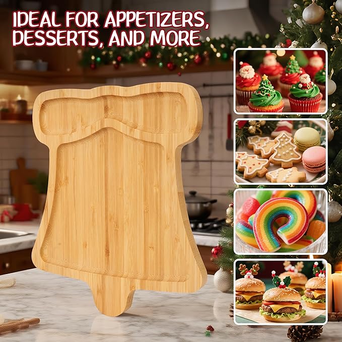 WILLKOMMEN Christmas Serving Tray, Bamboo Bell Shaped Serving Platter, Charcuterie Board Serving Dishes 10" x 9" for Party Cookie Fruit Tray Cheese Board Plate