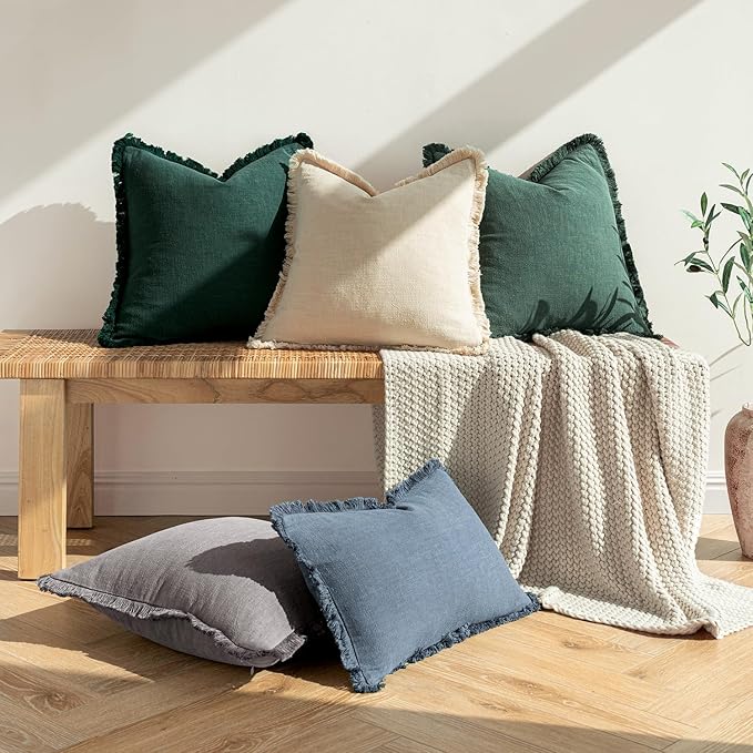 MIULEE Decorative Throw Pillow Covers Neutral Linen Fringe Throw Pillows Set of 2 Greyish Green Boho Farmhouse Cushion Covers with Tassels for Couch Sofa Bed Living Room Spring Home Decor 18x18 Inch