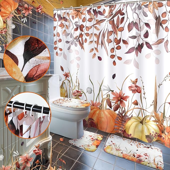 Newwiee 7 Pcs Fall Pumpkin Shower Curtain Sets Vintage Pumpkin Bathroom Set Thanksgiving Bathroom Curtain Shower Set Include Towels Non Slip Rugs Toilet Lid Cover Bath Mat(Fall Pumpkins Leaves)