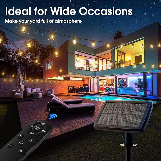 KYY 33(27+6) FT Solar String Lights Outdoor with Remote, Waterproof and Shatterproof Solar Patio with LED Vintage Plastic Edison Bulbs, Heavy-Duty and UL Listed Porch Market Lights