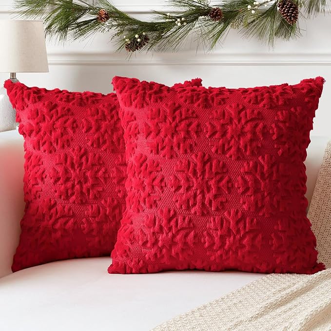 OTOSTAR Set of 2 Xmas Soft Plush Short Wool Velvet Decorative Throw Pillow Covers Square Luxury Style Cushion Case Pillow Shell for Sofa Bedroom Snowflake Red, 28x28 Inch