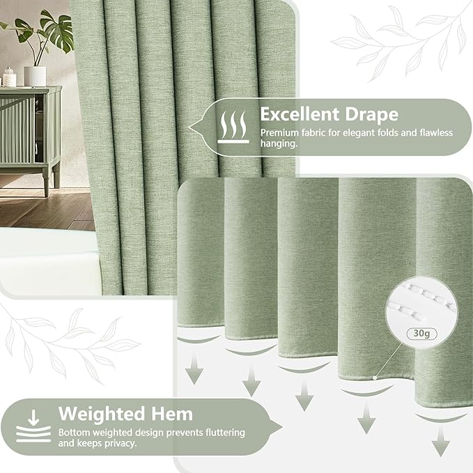 Sage Green Faux Linen Textured Shower Curtain Water-Resistant, Heavy Duty Farmhouse Fabric Shower Curtain Washable, 72 x 72 Inch Forest Green Linen Look Bathroom Shower Curtains Wrinkle-Free