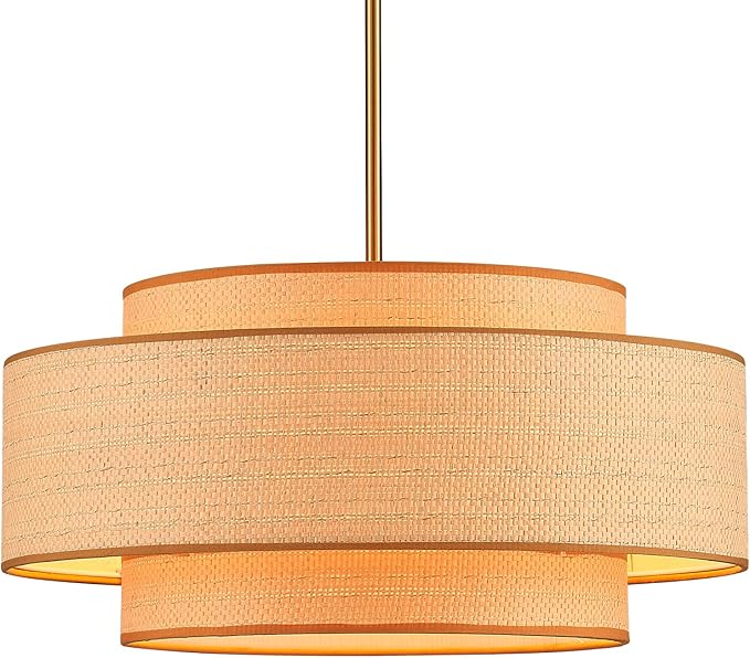 Farmhouse 19.7" Drum Rattan Chandelier 4-Lights Vintage Boho Rattan Chandelier Retro Vintage Bamboo Drum Chandeliers for Dining Room, Kitchen Island, Living Room, Bedroom