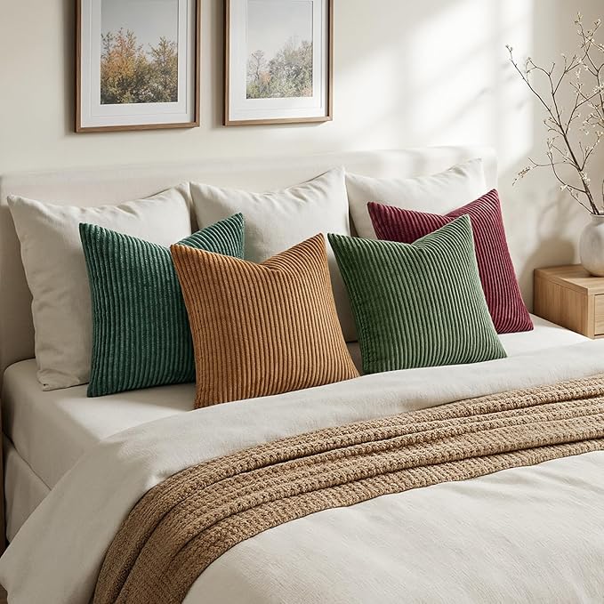MIULEE Boho Farmhouse Christmas Green Throw Pillow Covers 18x18 Inch Set of 4 Mordern Nordic Cushion Covers Soft Corduroy Home Decor for Couch Bed Sofa Living Room