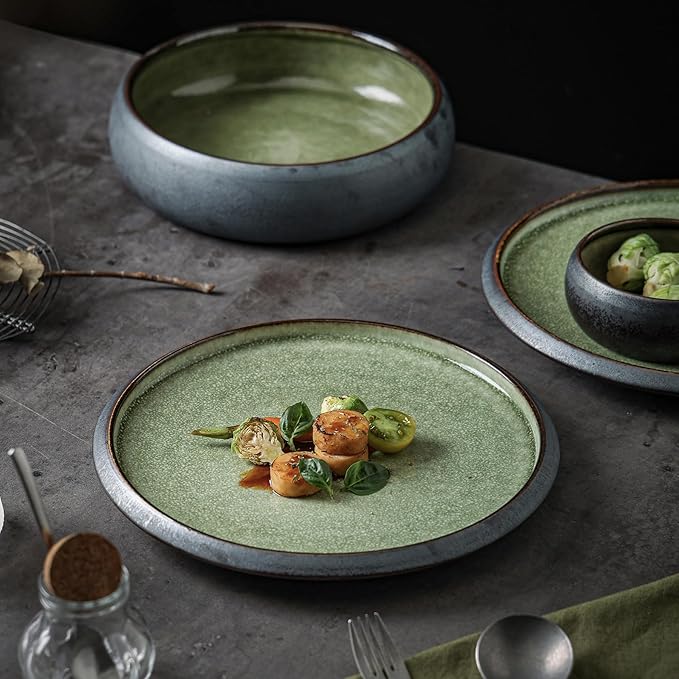 Uaral Dinner Plates,10.5inch Ceramic Plates Salad Plates Two-Tone Color Glaze Kitchen Serving Dishes,Set of 2(Texture Black and Green)