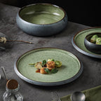 Uaral Dinner Plates,10.5inch Ceramic Plates Salad Plates Two-Tone Color Glaze Kitchen Serving Dishes,Set of 2(Texture Black and Green)