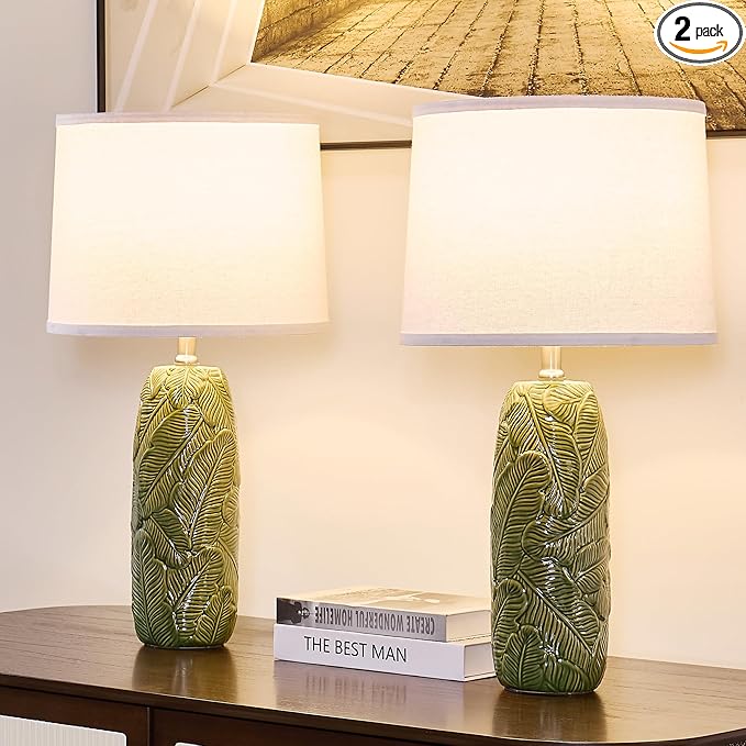 Table Lamps Set of 2, 25 inch Modern Green Ceramic with Leaf Embossed Base and White Linen Shade, Farmhouse & Modern Bedside Lamp for Bedroom, Living Room, Office