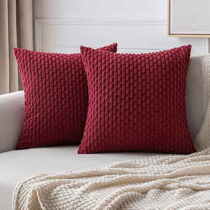 MIULEE Christmas Wine Red Throw Pillow Covers Soft Corduroy Decorative Set of 2 Boho Striped Pillow Covers Pillowcases Farmhouse Home Decor for Couch Bed Sofa Living Room 16x16 Inch