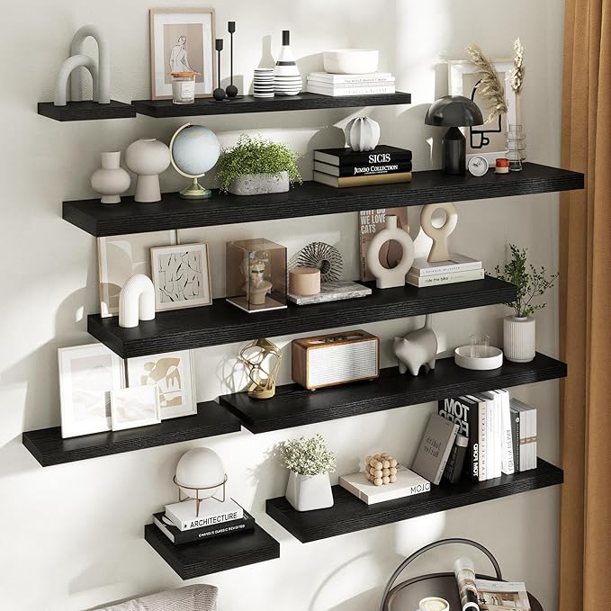 Floating Shelves for Wall with Invisible Brackets, Wall Mounted Engineered Wood Shelves with Wood Grain for Living Room, Bedroom, Bathroom, Kitchen Decor and Storage, Oak, 48"L Set of 2, Black