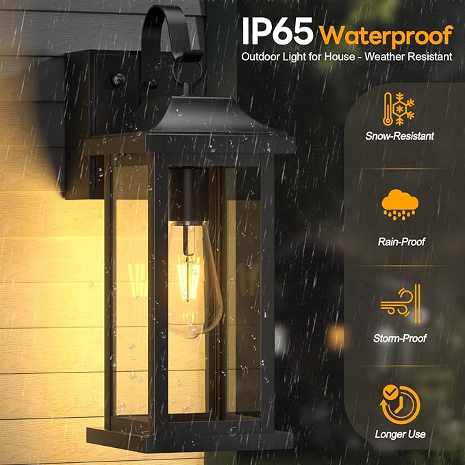 17 Inch Dusk to Dawn Outdoor Lighting with GFCI Outlet, Large Porch Light Lantern Plug Outlet Modern Black Outdoor Sconce Lighting, IP65 Waterproof Outside Light Wall Mounted Coach Light