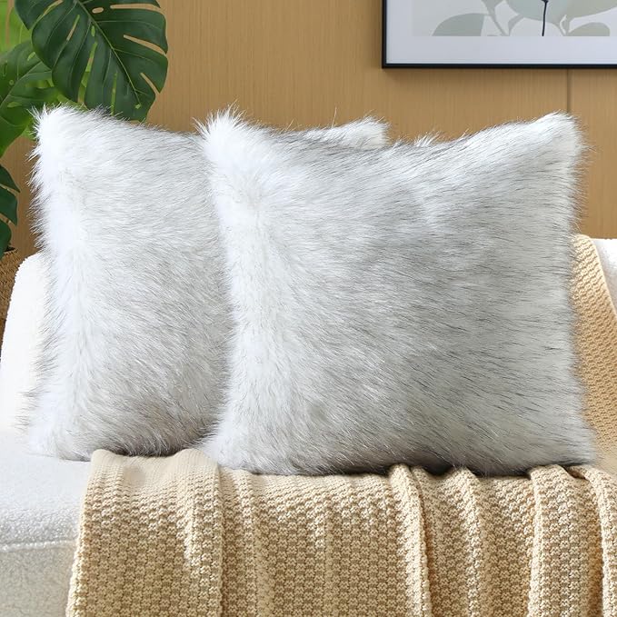 FUTEI Black White Decorative Throw Pillow Covers 24x24 Inch Set of 2,Soft Fluffy Faux Fox Fur Textured European Cushion Case,Modern Home Decor for Couch Living Room