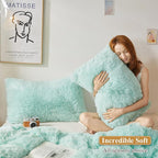 XeGe Faux Fur Throw Pillow Cases, Plush Shaggy Ultra Soft Pillow Covers, Fluffy Crystal Velvet Decorative Pillowcases, Furry Fuzzy Pillow Shams Zipper Closure, Set of 2 (King, Aqua Green)
