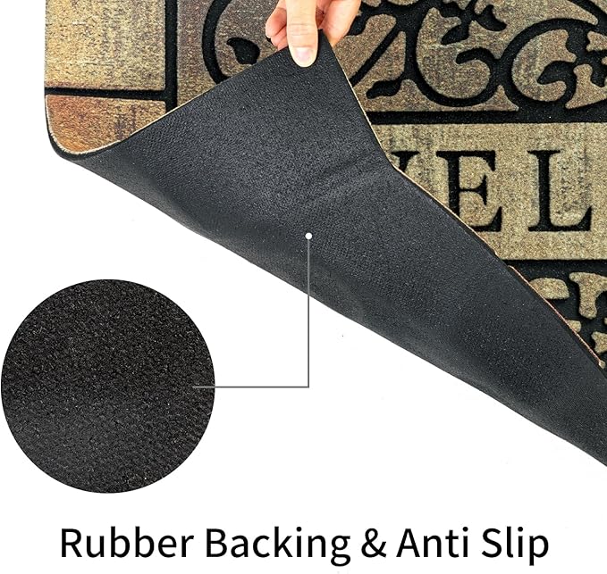 Door Mat Welcome Mat, Heavy Duty Door Mat 23.6 x 35.4 Inch Front Door Rug Doormat for Outdoor Entrance Home Non-Slip Rubber Rug for Front Door, Outside, Entryway, Patio (Brown Yellow Welcome)