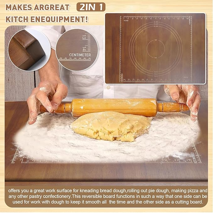 24" x 20" Reversible Wooden Pastry Board Wood Pasta Board with Lip Bread Board Cutting Board Chopping Board Pie Board with Engraved Ruler for Counter Top Kitchen-Brown