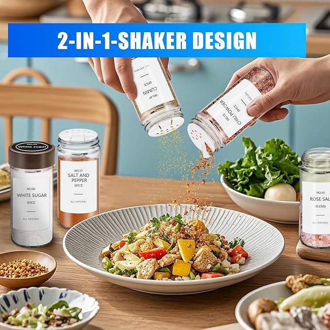 VIBRATITE 12 Pack Spice Jars with Acacia Lids, 4 oz Round Glass Jars Spice Containers Set with Labels, Pen, Funnel, Seasoning Storage Bottles with Shaker Lids for Rack, Cabinet, Drawer