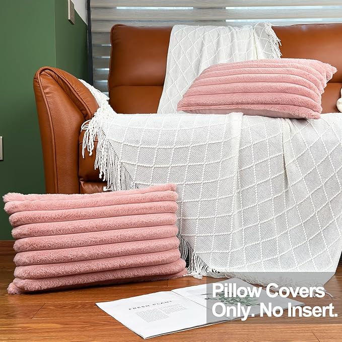 12x20 Throw Pillow Covers Set of 2, Decorative Faux Fur Covers for Bed, Couch Soft Fluffy Pillow Cover with Velvet Back for Living Room, Neutral Home Décor Accent for Sofa - Pink