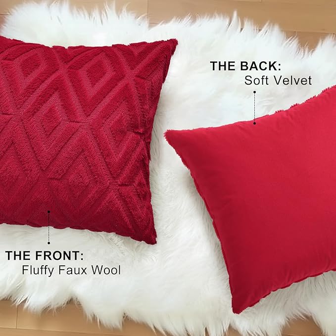 decorUhome Christmas Couch Throw Pillow Covers 24x24 Set of 2, Decorative Soft Plush Faux Wool Neutral Accent Pillow Covers for Bed Sofa Living Room, Red