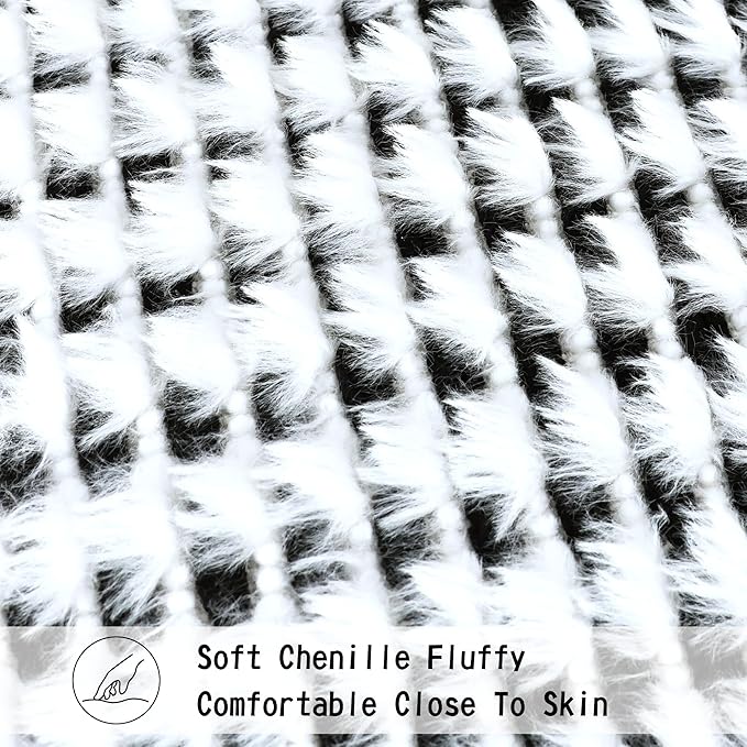 Boho Chenille Tufted Pillow Cover 12x20 Inch Set of 1, Farmhouse Striped Decorative Pillow Covers Accent Fluffy Neutral Lumbar Pillowcases for Couch Sofa Bedroom Living Room, Black White