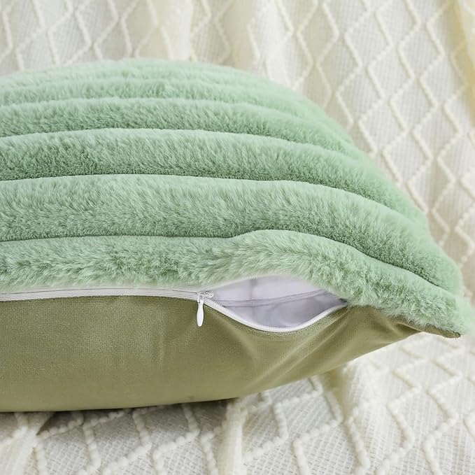 FUTEI Sage Green Striped Decorative Throw Pillow Covers 14x14 Inch Set of 2,Square Winter Decorations Couch Pillow Case,Soft Cozy Faux Rabbit Fur & Velvet Back,Modern Home Decor for Bed