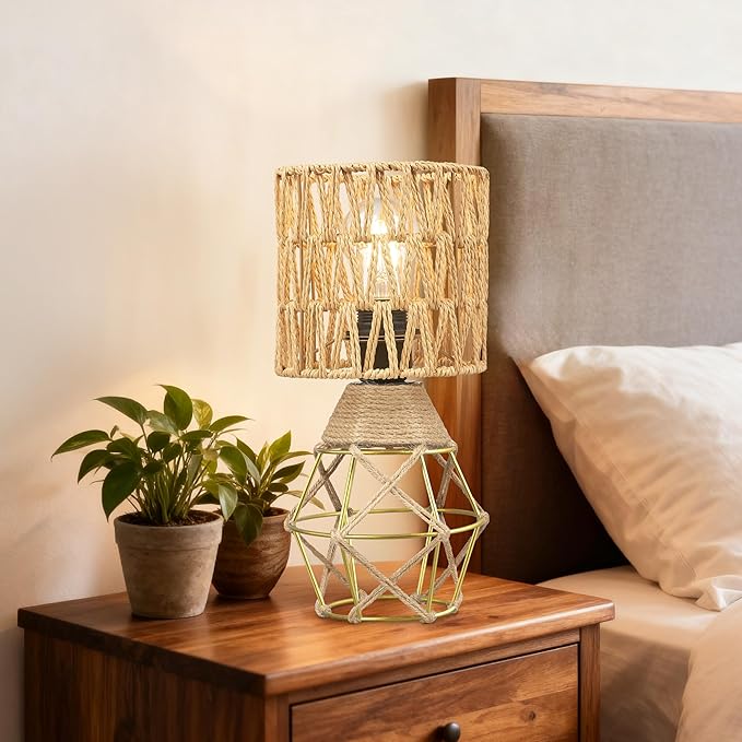 Hamilyeah Boho Table Lamps Set of 2, Small Desk Lamp with Woven Shade, Modern Farmhouse Bedside Lamp for Bedroom, Industrial Table Lamp for Living Room, Decorative Desk Lamp for Office or Nightstand