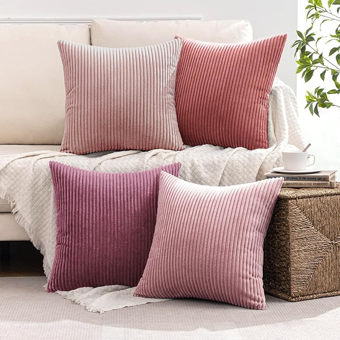 MIULEE Pack of 4 Purple Pink Corduroy Decorative Throw Pillow Covers 20x20 Inch Soft Boho Striped Pillow Covers Modern Farmhouse Home Decor for Winter Sofa Living Room Couch Bed