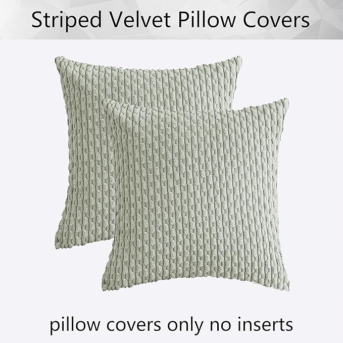 Kevin Textile 2 Packs Light Green Decorative Throw Pillow Covers 18x18 Inch for Living Room Couch Bed Spring Sofa Soft Striped Corduroy Square Cushion Case 45x45 cm Rustic Farmhouse Boho Home Decor