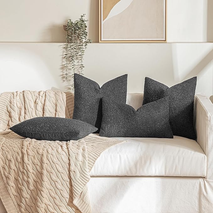 MIULEE Textured Boucle Throw Pillow Cover Black Accent Solid Eruo Sham Pillow Case Decorative Soft Pack of 1 Halloween Couch Cushion Chair Sofa Bedroom Livingroom Home Decor,24x24 Inch
