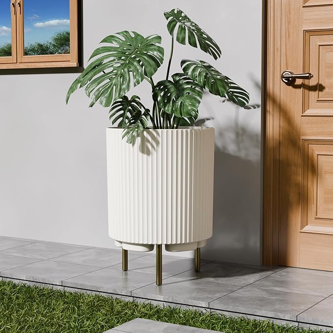 FONTOI 20.3'' Front Porch Planter Stand, Outdoor Round Plant Stand for Porch, Plastic Striped Planter Stand with 3 Holder, Indoor Flower Pots Stand for Tall Plants, Porch Decor,White