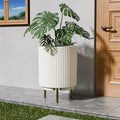FONTOI 20.3'' Front Porch Planter Stand, Outdoor Round Plant Stand for Porch, Plastic Striped Planter Stand with 3 Holder, Indoor Flower Pots Stand for Tall Plants, Porch Decor,White