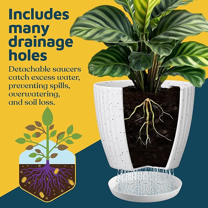 White Gray 6-Inch Plant Pots with Drainage & Saucers 3 Pack, Indoor & Outdoor Planters for Houseplants, Herbs, and Flowers, Durable & Weatherproof Material, Stackable, Lightweight, Minimalist Design
