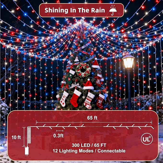 300 LED Outdoor Christmas Lights 75ft, 12 Lighting Modes Indoor String Lights Dimmable & Timer Memory, Outsite Waterproof Tree Lights for Xmas Garden Wedding Party Holiday Decorations Red White & Blue