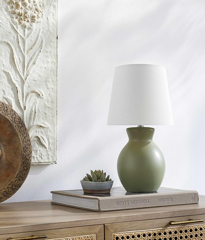BoutiqueRugs Liliac Boho Ceramic Bedside Table Lamp for Bedroom Nightstand - End Side Lighting for Living Room - Shade Cotton - Green, White - 15" H