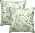 Vintage Floral Throw Pillow Covers 16x16 Inch, Set of 2 Green Flowers Birds French Country Decorative Pillow Cases Cotton Square Cushion Cover for Bed Sofa Farmhouse Home Decor