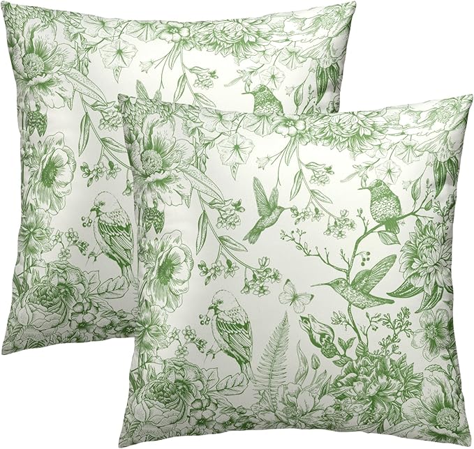 Green White Flowers Pillow Covers 20x20 Inch, Pack of 2 Vintage Chinoiserie Country Style Floral Throw Pillowcases Square Cushion Cover for Couch Sofa Bed Outdoor Indoor Home Decor
