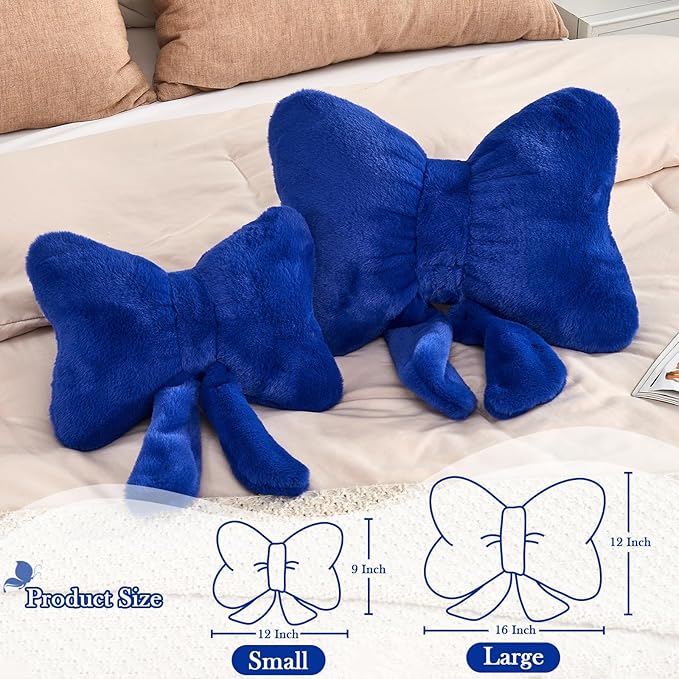 Bow Pillow, Soft Bow Decorative Pillows with Faux Rabbit Fur, Cute Bow Throw Pillows, Aesthetic Home Decor Bow Shaped Plush Pillow for Bedroom Sofa Couch (Royal Blue, Small-12 Inch)