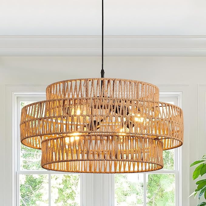 3-Tier Large Rattan Chandeliers, 22.8in Boho Coastal Pendant Lights, Wicker Hanging Ceiling Lights Hemp Rope Lighting Fixture, for Dining Room, Kitchen Island, Living Room