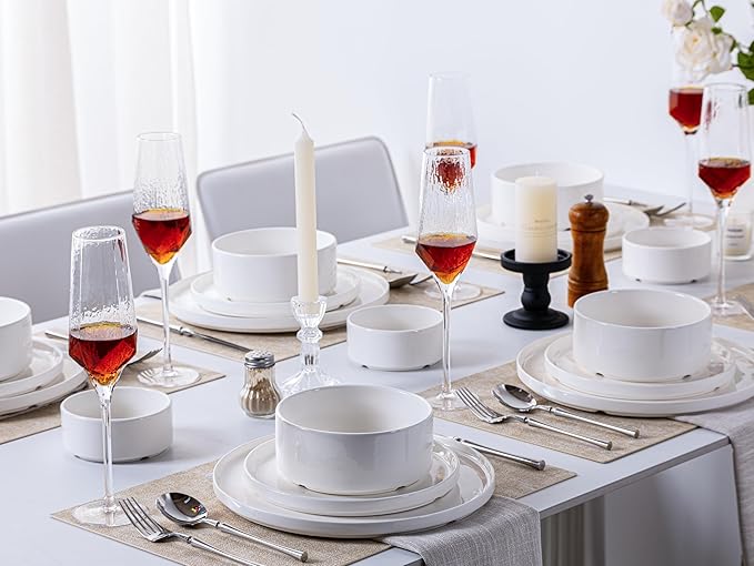 Porcelain Dinnerware Sets for 6, 24pcs High-sided Plates and Bowls Set, White Chip and Scratch Resistant Dinner Set - Dishwasher & Microwave Safe Dinging Dishes Set, QOMO-1996