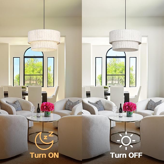 16 Inch Modern Farmhouse Chandelier – Layered Linen Strips Hanging Pendant Light, Dimmable Rustic Lighting Fixture for Dining Room, Kitchen Island, Living Room, Entryway, Foyer