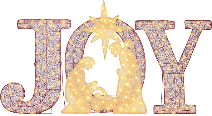 3-Piece Christmas Lighted Joy Sign Decoration,32Inch Oversized Pre-Lit Nativity Scene,2-in-1 Weather Resistant Holiday Yard Decor Freestanding or Wall Decor for Garden Yard Porch or Indoor