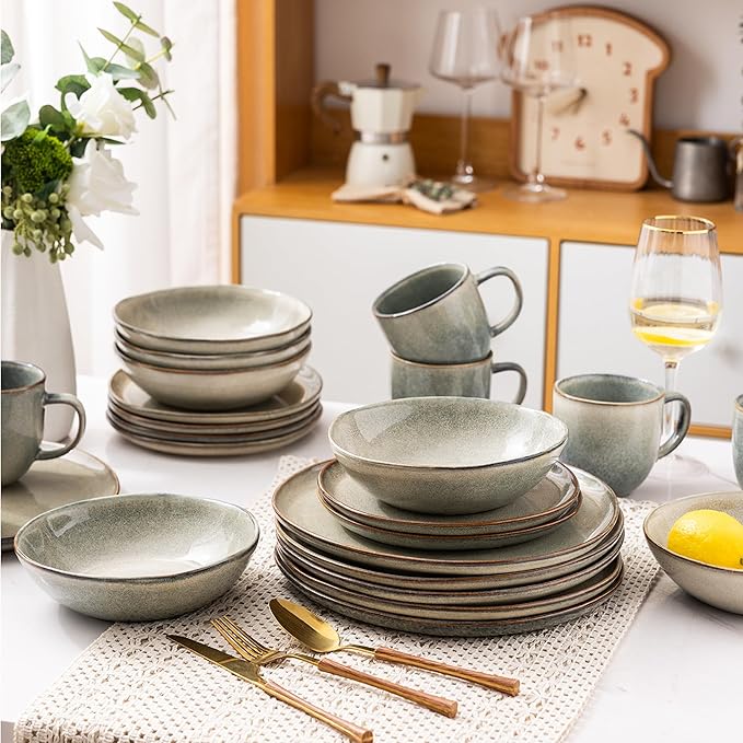 AmorArc Ceramic Dinnerware Sets of 8,Handmade Reactive Stoneware Glaze Plates and Bowls Sets,Highly Scratch Resistant | Dishwasher & Microwave Safe,Service for 8 Dishes Set (24pc)